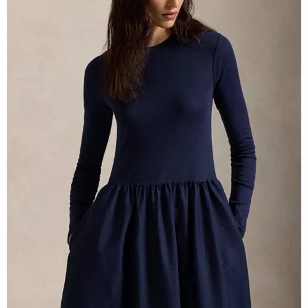 Polo by Ralph Lauren Cotton Long Sleeve Navy Midi Dress - Picture 4 of 6